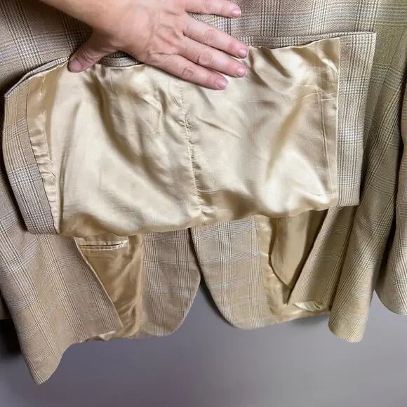 Brooks‎ Brothers sport coat 44 R plaid neutral wool silk tan (FLAW)